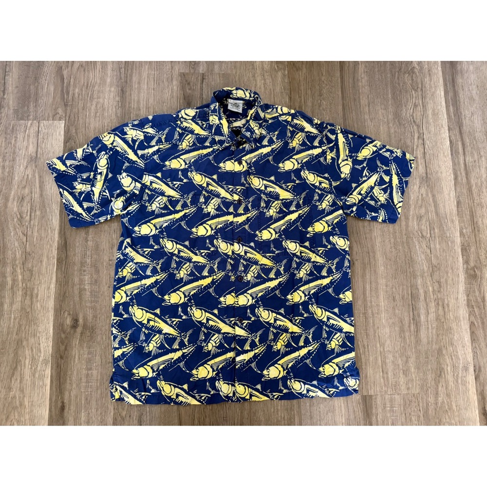 Rum Reggae Hawaiian Shirt‎ Men's Large Blue Yellow Fish Print Rayon Camp Shirt